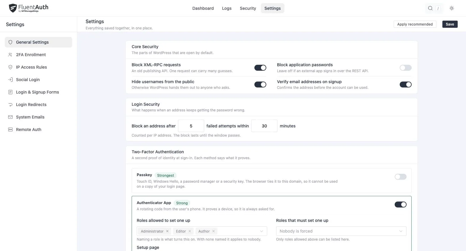 General Settings with core security switches, login limits and two-factor options.
