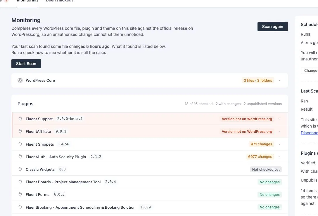 Monitoring results for WordPress core, plugins and themes, including changed and unpublished versions.