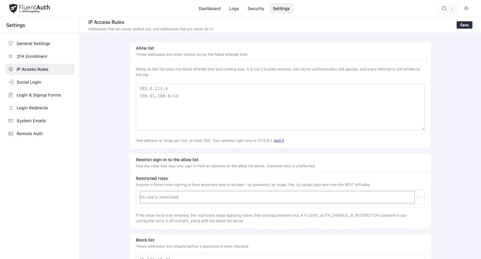 IP allow list, role restrictions and block list settings.