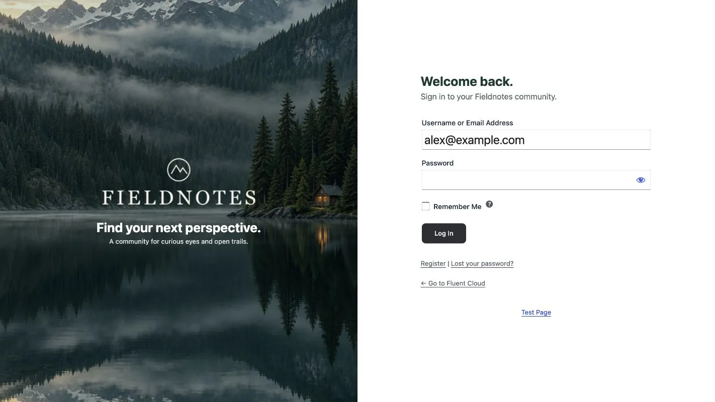 Fieldnotes login page with a forest-and-lake background, custom wordmark and welcome copy.