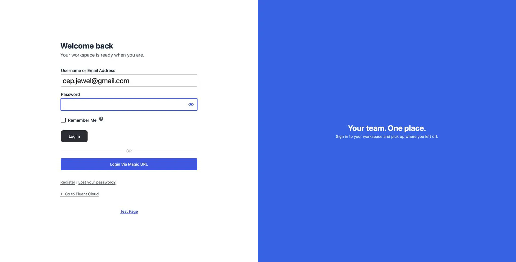 The live WordPress login page with custom welcome copy and a blue banner.