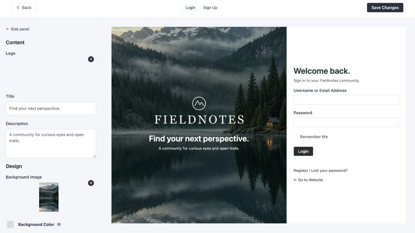 FluentAuth login page designer with banner controls and a live form preview.