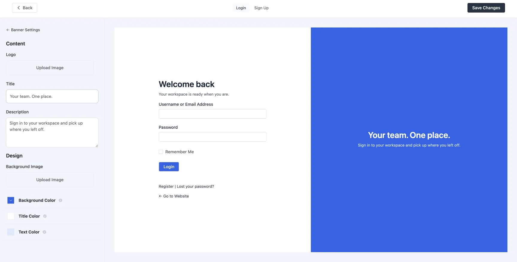 The full-screen login page designer with banner controls and a live preview.