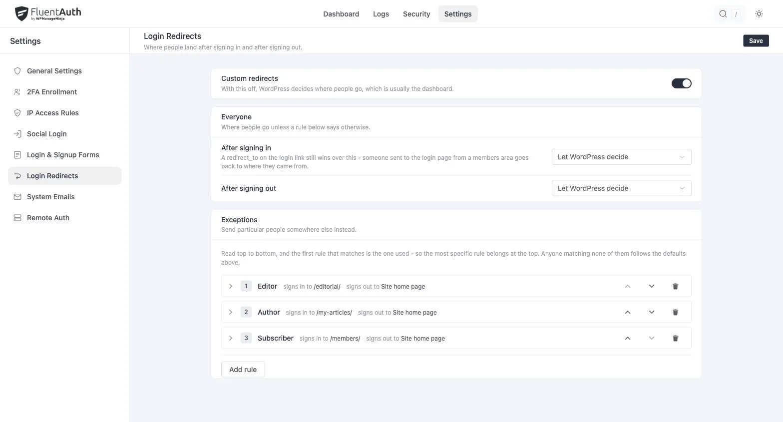 FluentAuth login & logout redirects settings and results on a local development site.