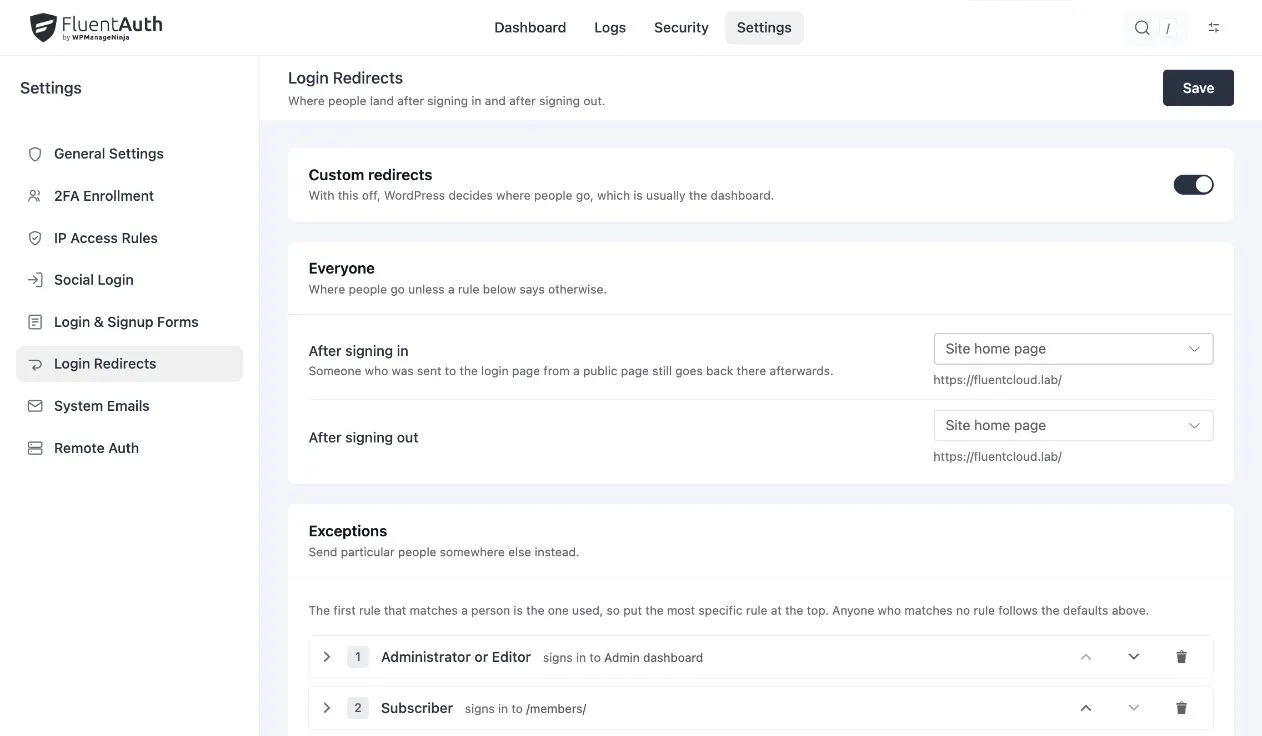 Redirect settings populated with home-page defaults and separate staff and subscriber destinations.