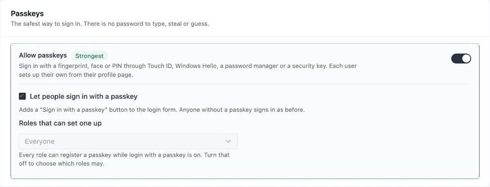 The Passkeys section with Allow passkeys and direct sign-in enabled.