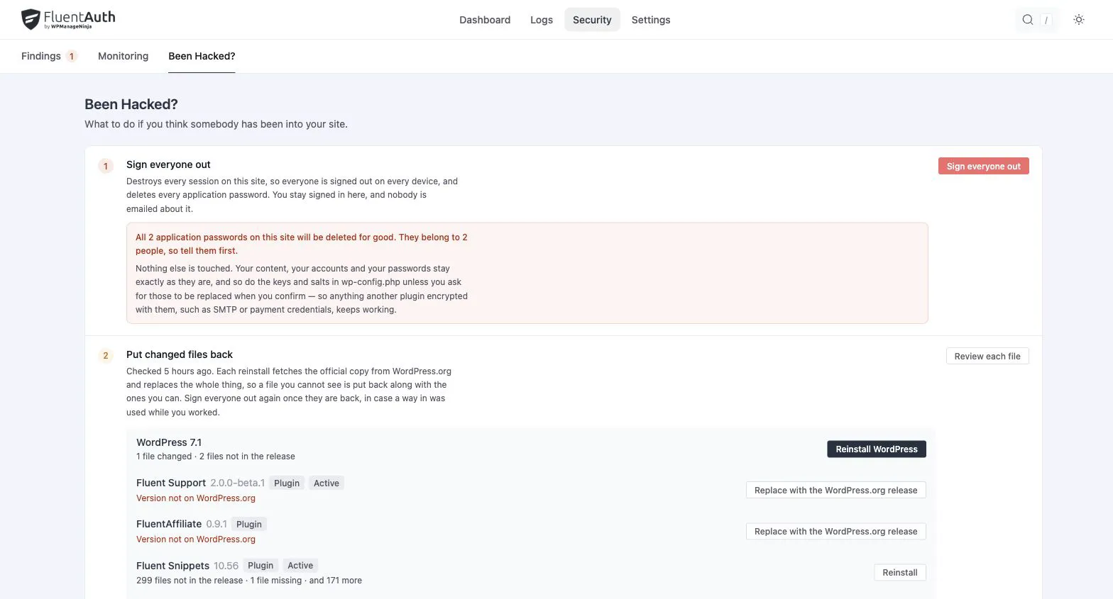 The Been Hacked screen with session revocation and file reinstall options.