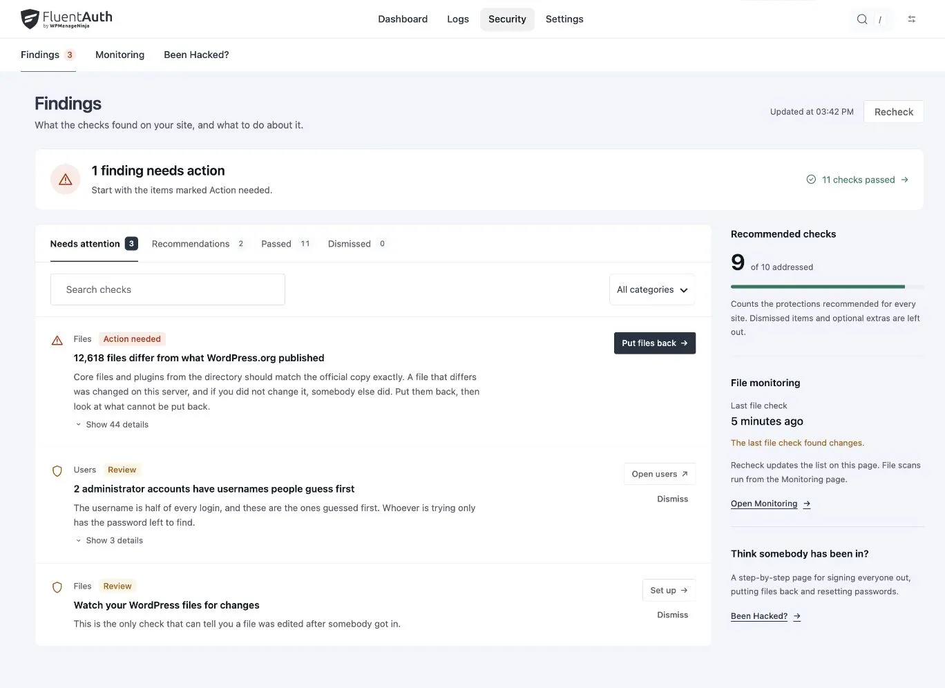 FluentAuth Findings screen with action, recommendation, passed and dismissed filters.