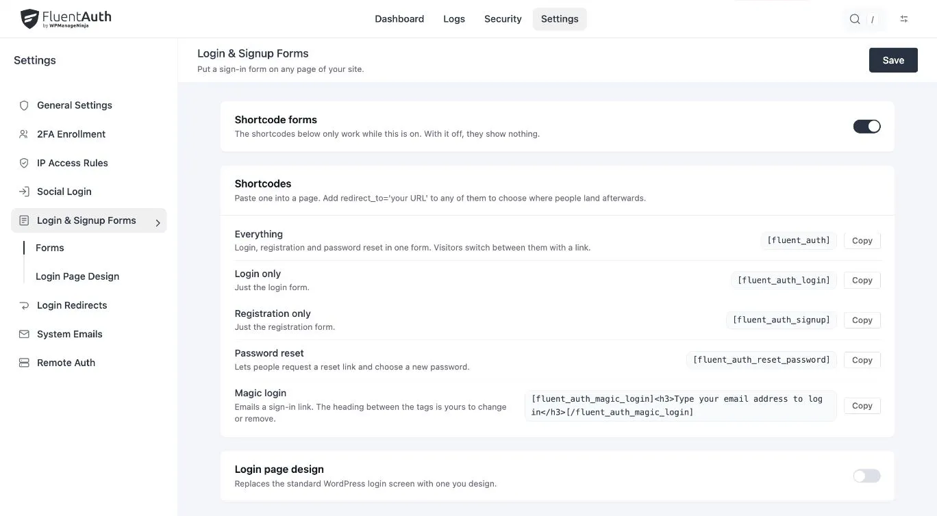 The Login/Signup Forms settings screen listing the available shortcodes with a copy button for each.