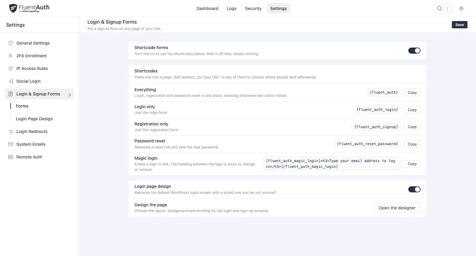 FluentAuth custom login & signup forms settings and results on a local development site.
