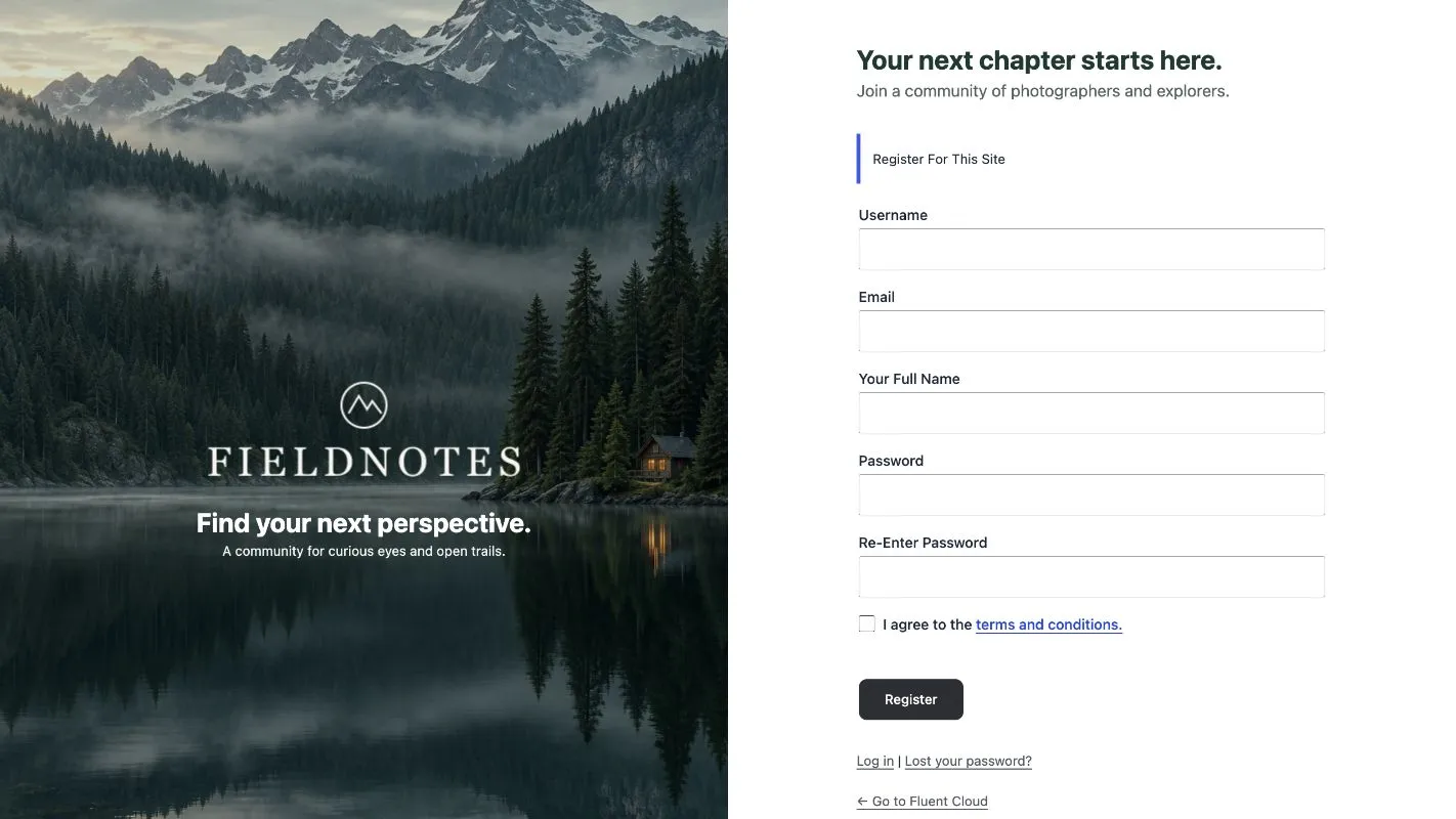 Fieldnotes signup page with matching branding beside the registration form.