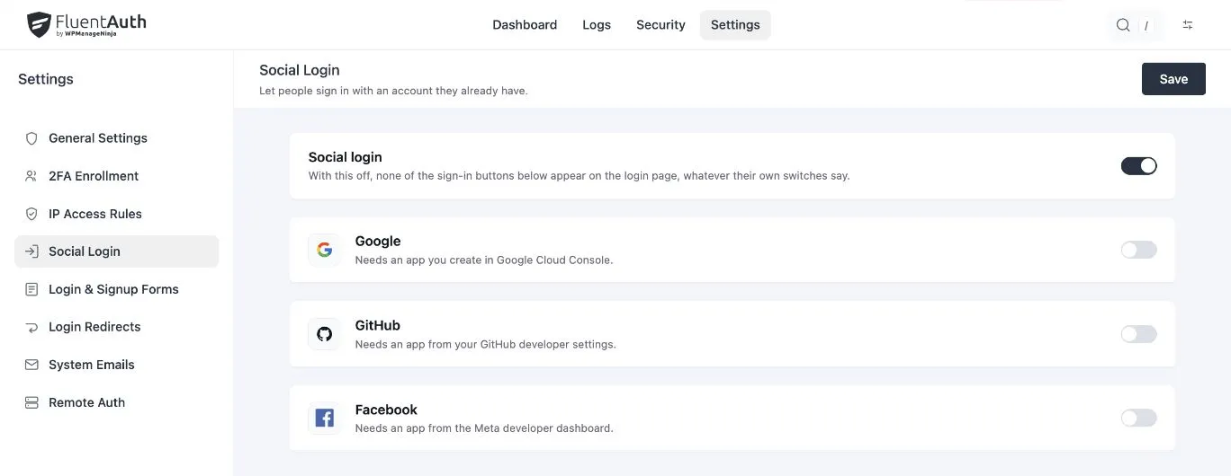 Social Login settings with Google, GitHub and Facebook provider controls.