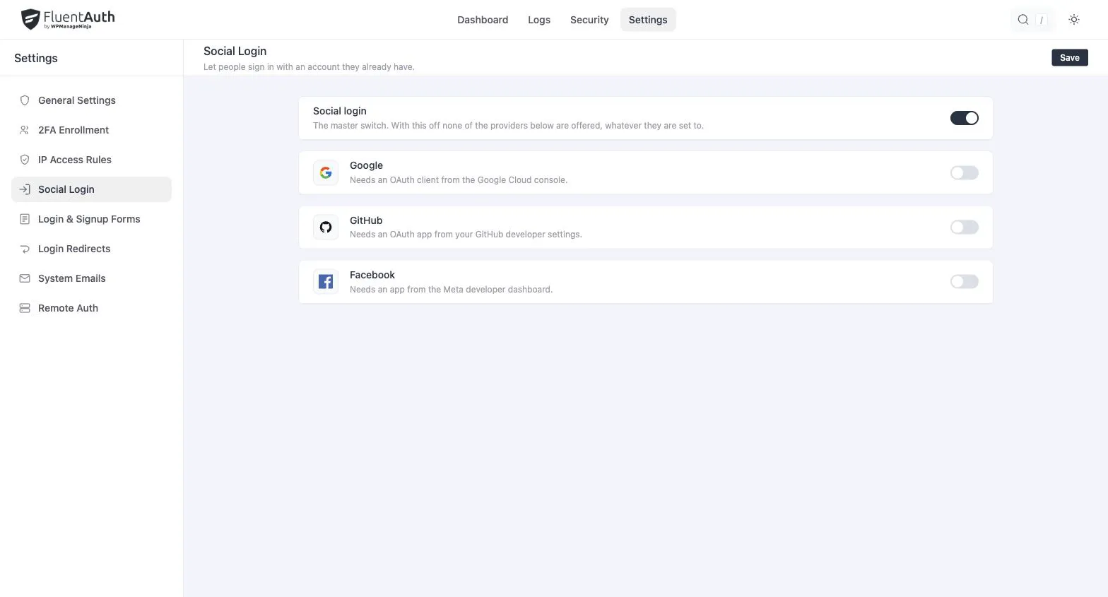 Social login settings with separate Google, GitHub and Facebook provider switches.
