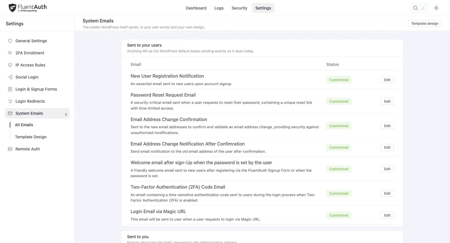 FluentAuth custom system emails settings and results on a local development site.