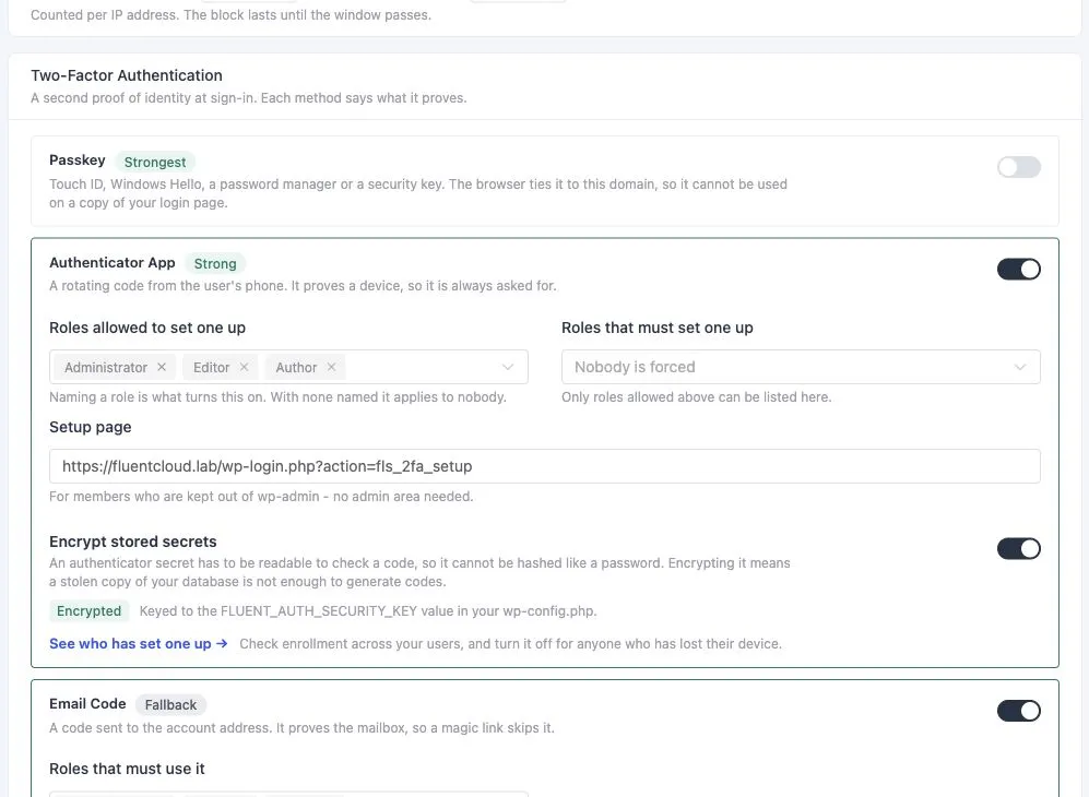Passkey, authenticator app and email code options in FluentAuth settings.