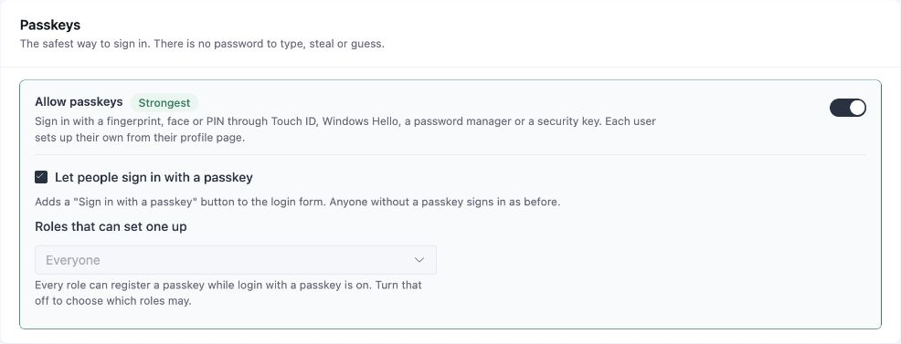 FluentAuth Passkeys screen captured on a local demonstration site.