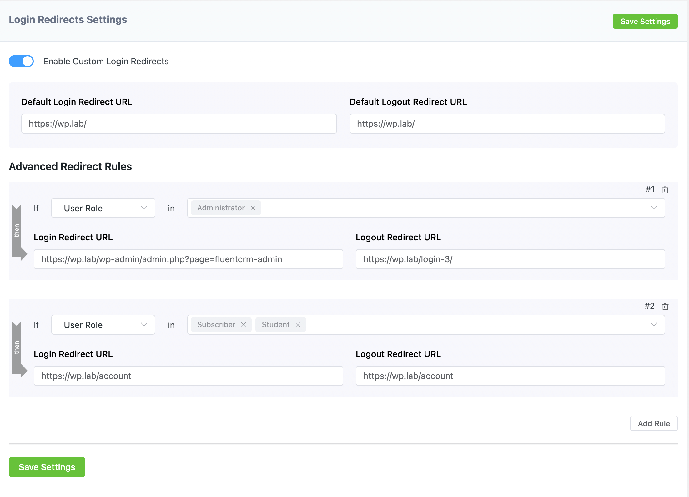 Login Redirect Rules Settings